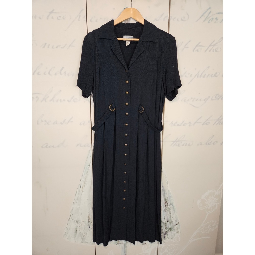 Vintage D.E. Frantoria Navy Blue Button Front Midi Dress Side Buckle Size 16